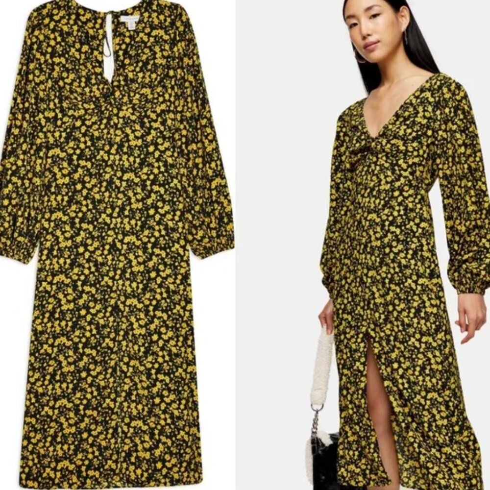 Topshop Black Midi Dress with Yellow Floral Pattern